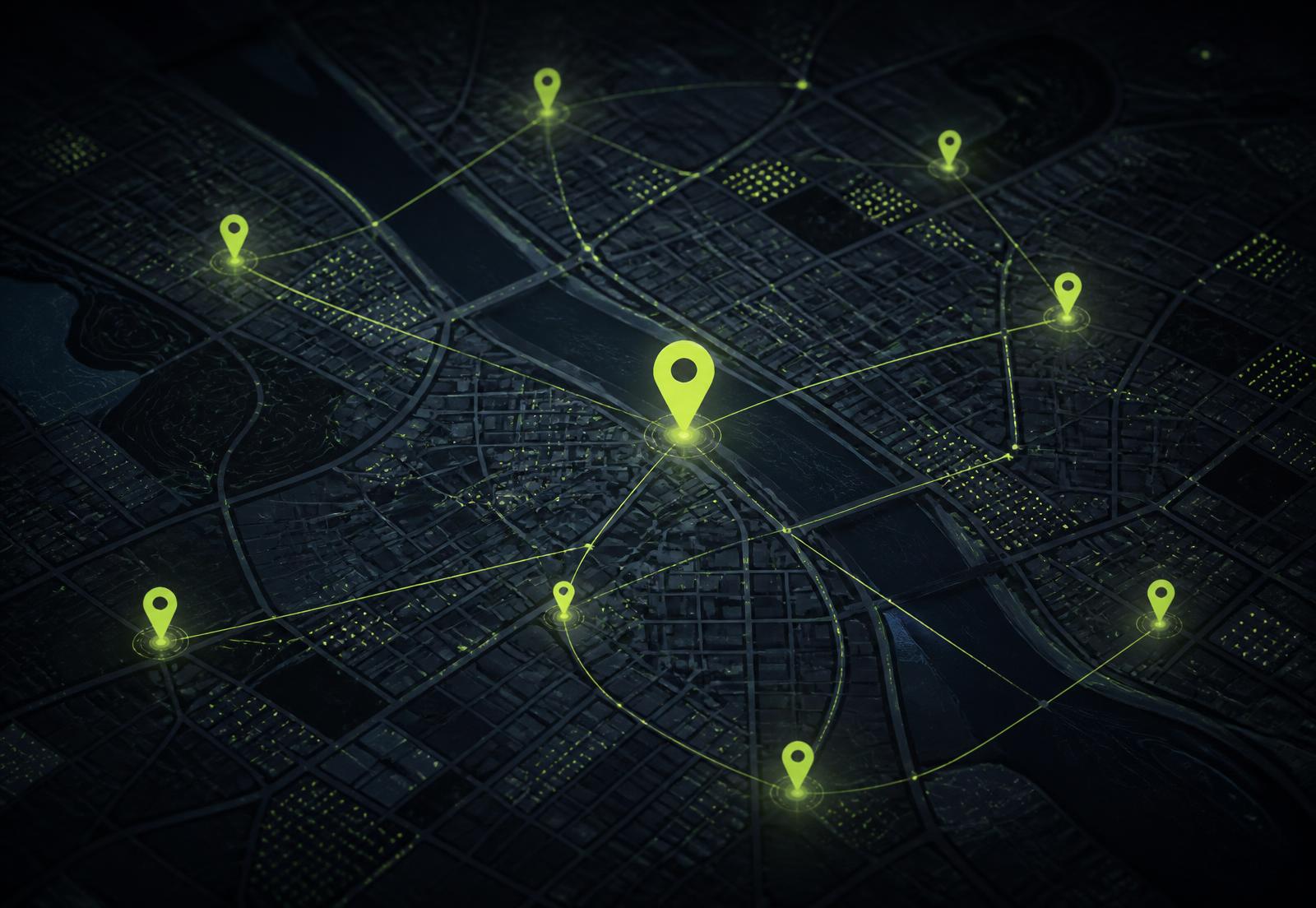 Map of a city at night with glowing pins marking local business leads